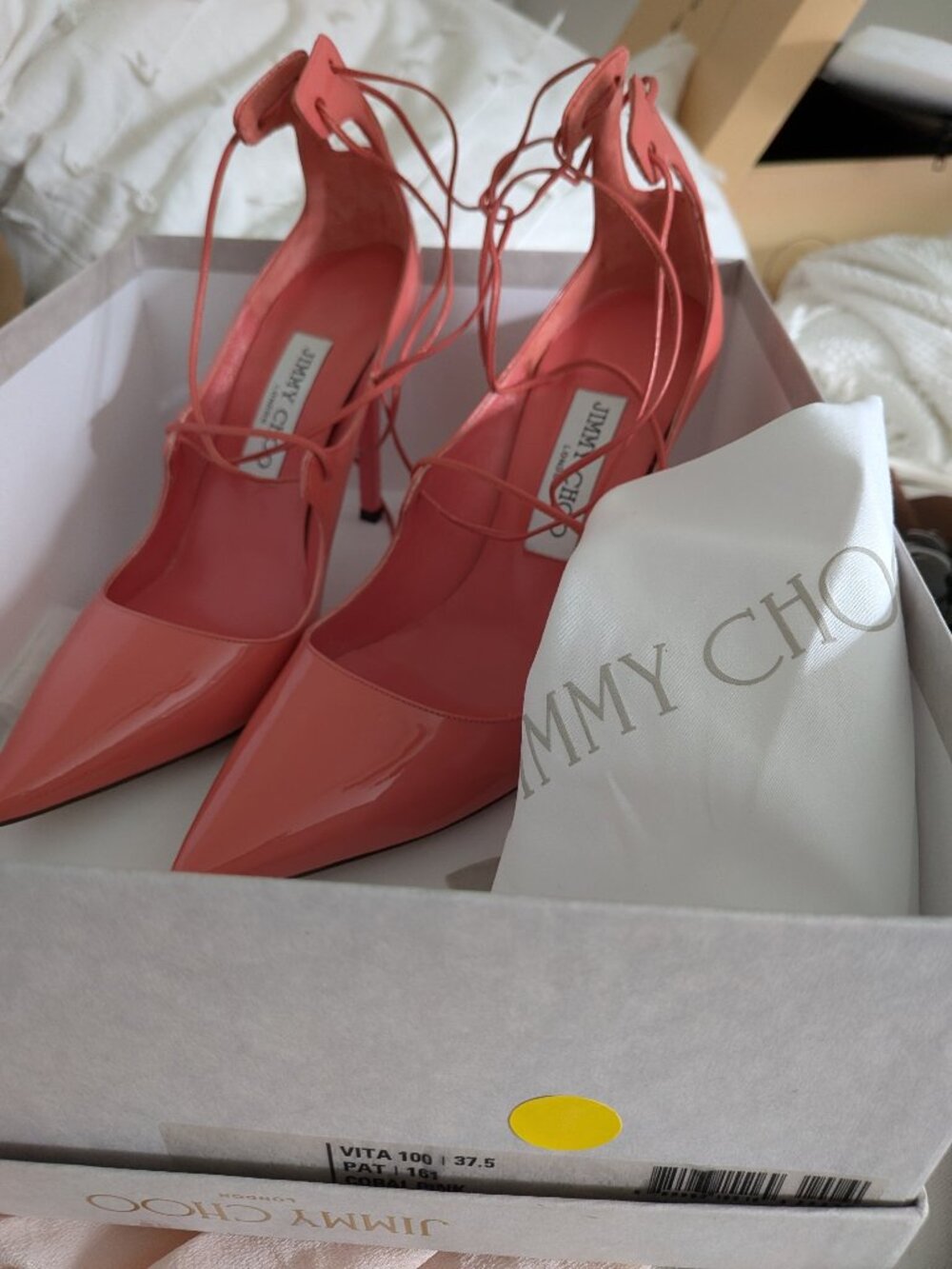 Jimmy Choo Vita 100 Coral Pink Patent Leather Lace-Up Pumps Sz 37.5 / US 7.5 In